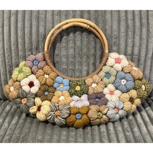 JP & Mattie Handbag Purse Quilt Crochet Vintage Boho Bamboo Handles Multicolor